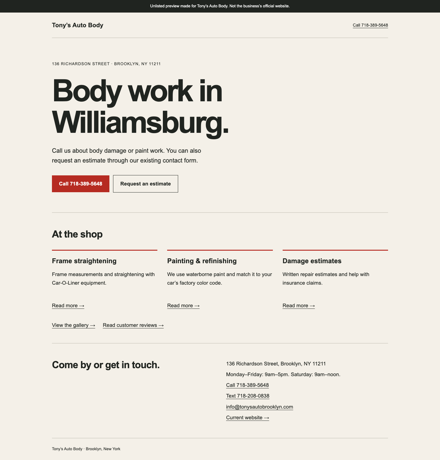 Unlisted preview made for Tony’s Auto Body. Not the business’s official website.