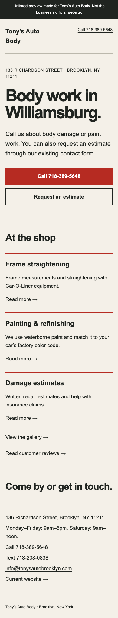 Unlisted preview made for Tony’s Auto Body. Not the business’s official website.